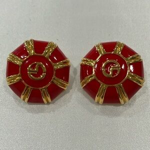 St. John Button Shaped Clip-On Earrings with Red Enamel and Gold Plating